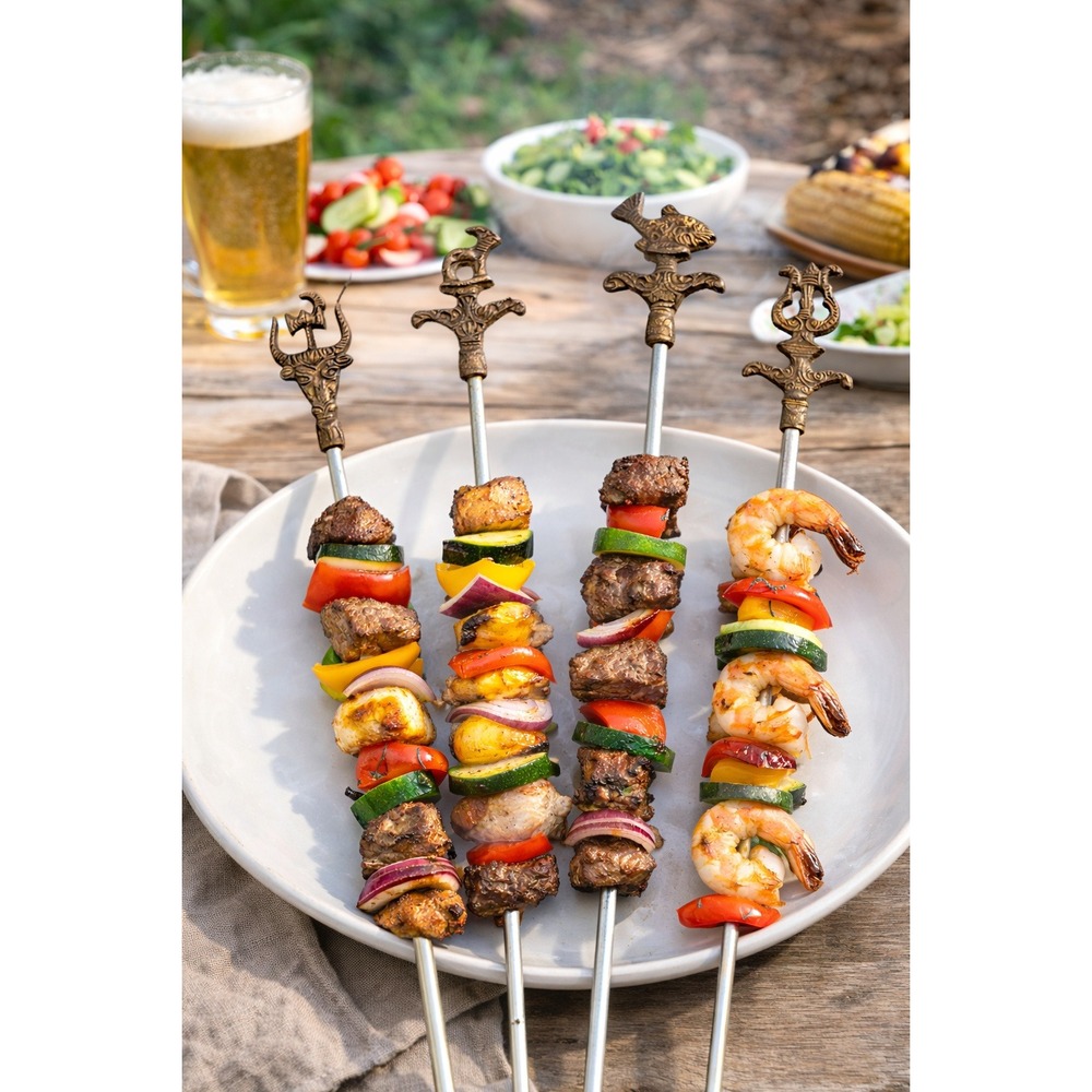 Vintage Turkish Ornate Metal BBQ Skewers Set of 4 Brass Animal‎ Motif 16 Inch